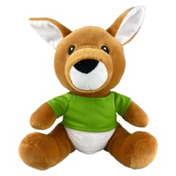 A brown kangaroo plush toy wearing a green shirt, with white accents on its belly and face. It has large ears and a friendly expression.