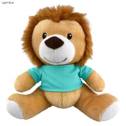 A plush lion toy with a tan body, brown mane, and wearing a light blue shirt.