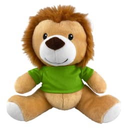 A plush lion toy with a friendly expression, wearing a bright green shirt and featuring a soft, tan body and brown mane.