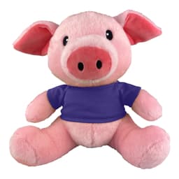 A pink pig plush toy wearing a purple shirt, featuring large ears and a friendly expression.
