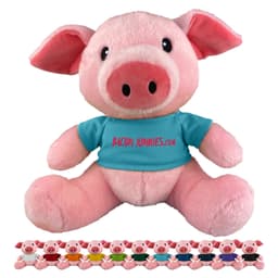A pink plush pig wearing a blue shirt, featuring a logo, with several smaller colourful plush pigs displayed below.
