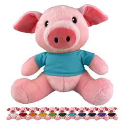 A pink plush pig with large ears and a blue shirt, accompanied by smaller pig plush toys in various colours.
