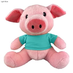 A pink pig plush toy wearing a light blue shirt, featuring big ears and a friendly face. It has a branded tag.