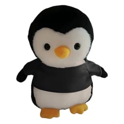 A plush penguin toy with a black shirt featuring a black and white body, and yellow feet and beak.
