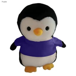 A plush penguin toy with a black and white body, orange beak, and wearing a purple shirt.