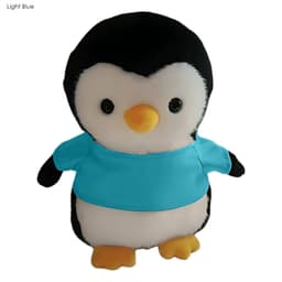 A plush penguin toy with black and white fur, wearing a light blue shirt, and featuring a small beak and round eyes.