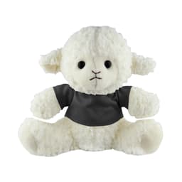 A sheep plush toy in white with a grey shirt, featuring embroidered facial details and soft, fluffy texture.