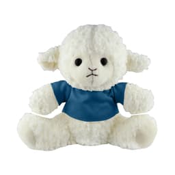A plush sheep toy with a soft white exterior and a blue shirt, featuring black eyes and stitching for facial details.