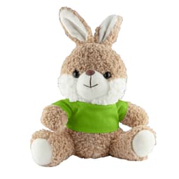 A plush rabbit toy with a soft, light brown body and white accents, wearing a green shirt.