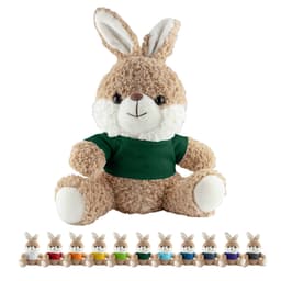 A brown rabbit plush toy with a white face and ears, wearing a green shirt, accompanied by a range of coloured shirts below.