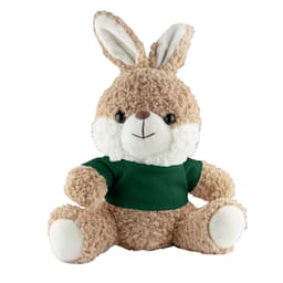 A plush rabbit in light brown with a green shirt, featuring fluffy ears and a friendly expression. It has a logo.