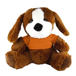 A brown plush dog with soft fur, wearing an orange shirt, sitting upright. The toy has a cute face and floppy ears.