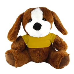 A brown plush dog wearing a yellow shirt, sitting with floppy ears and a friendly expression.