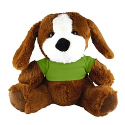 A brown plush dog wearing a green shirt, with floppy ears and a soft, cuddly body.