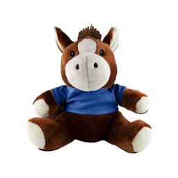 A brown horse plush toy wearing a blue shirt, with a cute face and soft fur. It has a logo on its shirt.