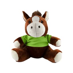 A brown and cream horse plush toy with a green T-shirt, featuring a friendly face and soft, rounded body.