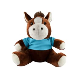A brown and white horse plush toy wearing a blue shirt, featuring large, friendly eyes and a tufted mane.