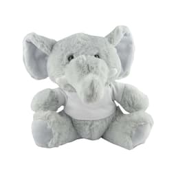 A grey elephant plush toy with large ears and a small white T-shirt, sitting upright. It has a soft and cuddly appearance.
