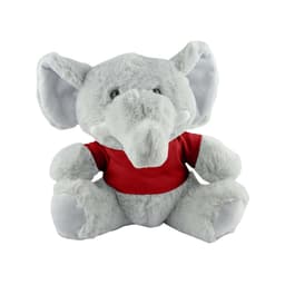 A grey elephant plush stuffed toy wearing a red shirt, featuring large ears and a friendly expression.