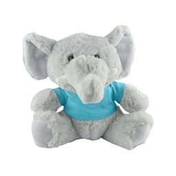 A soft grey plush elephant wearing a light blue shirt, featuring large ears and a friendly expression.