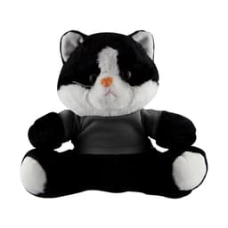 A black and white cat plush toy wearing a grey shirt, sitting upright with a neutral expression.
