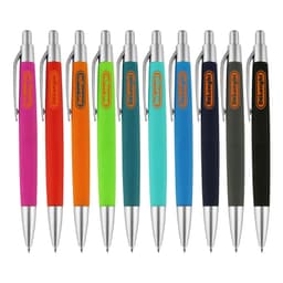 A collection of colourful pens in pink, orange, green, blue, and black, featuring silver accents and a logo.