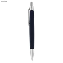 A navy blue pen with a silver clip and tip, featuring a sleek design and branding on the barrel.