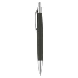 A green pen with a silver clip and tip, featuring a textured grip and a smooth design.