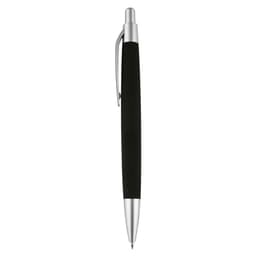 A black pen with a silver tip and clip, featuring a smooth, sleek design and a branded logo.