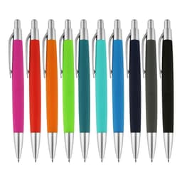 A collection of ten pens in vibrant colours, including pink, orange, teal, blue, and black, with silver accents.
