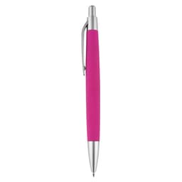 A pink pen with a silver clip and tip, featuring a smooth grip for comfortable writing.