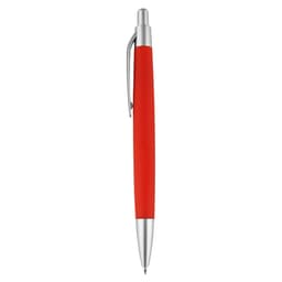 A red pen with a silver clip and tip, featuring a smooth, sleek design. It has a branding logo.