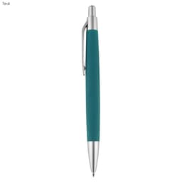 A teal pen with a silver clip and tip, featuring a sleek design and a branding logo.