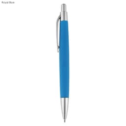 A royal blue pen with a sleek design and a silver clip, featuring a logo on the barrel.
