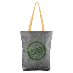 A grey Tyvek paper tote bag with a yellow handle and a circular logo.