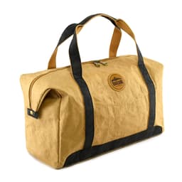 A tan kraft paper travel bag with black accents and handles, featuring a logo on the front.