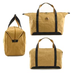 A brown kraft paper travel bag with black straps, featuring a logo, displayed from multiple angles.