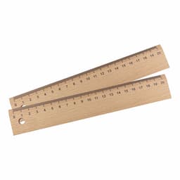 A wooden 20cm ruler with centimetre markings, featuring a small hole, in a light natural wood colour.