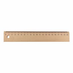 A wooden ruler measuring 20 cm, featuring a hole at one end and markings in centimetres.