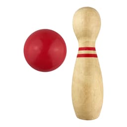 A wooden bowling pin in a light wood finish with red stripes beside a red bowling ball. Both components are smooth and rounded.