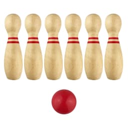 A wooden bowling set featuring six pins with red stripes and a red bowling ball, arranged for play.