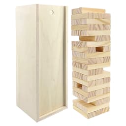 A large wooden Jenga set with a stacking tower of light-coloured blocks and a matching storage box.