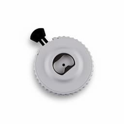 A drink bottle opener in white, featuring a circular design with a black lever and a small logo.