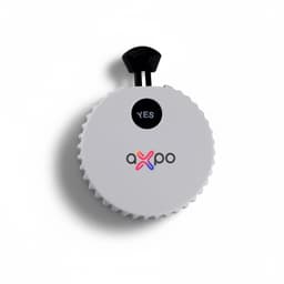A drink bottle opener in white with a black pull tab and a logo on the front.