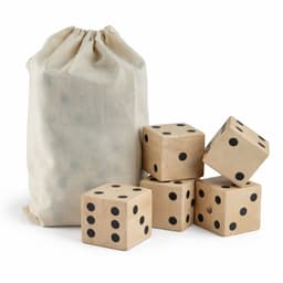 A set of wooden yard dice in a drawstring bag, featuring five light-coloured dice with black dots.