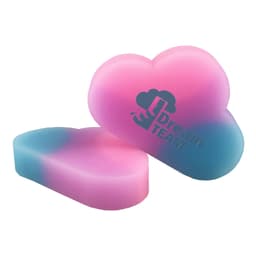 A pink and blue cloud-shaped rubber eraser with a logo, designed for writing and erasing.