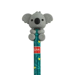 A grey koala-shaped pencil-top eraser on a teal pencil with leaf patterns and a logo.