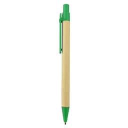 A recycled cardboard pen with a natural body and green accents. Features a clip and a logo.