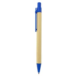 A recycled cardboard pen with a blue plastic top and clip, featuring a simple design and branding.