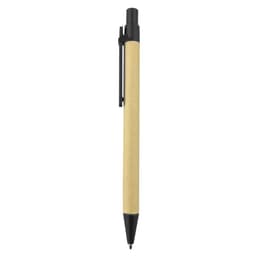A recycled cardboard pen with a natural finish and black accents, featuring a clip and a logo.